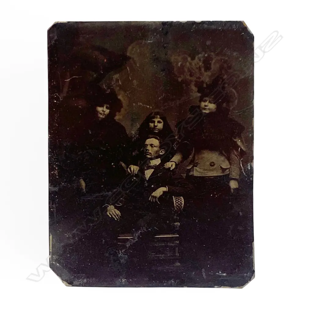 Tintype -seated man with three standing women, Image 1++